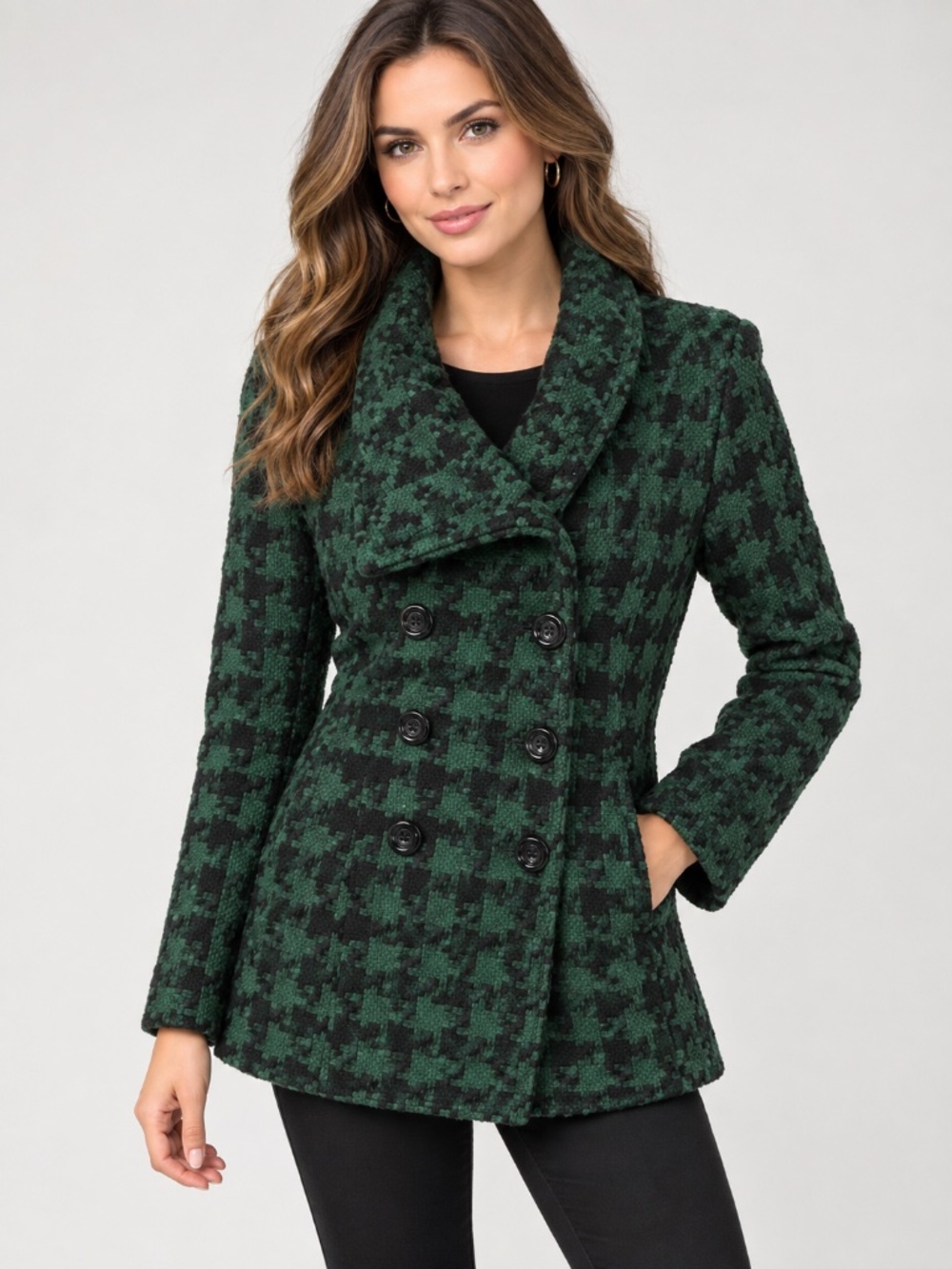 Green and Black Houndstooth Double-Breasted Pea Coat